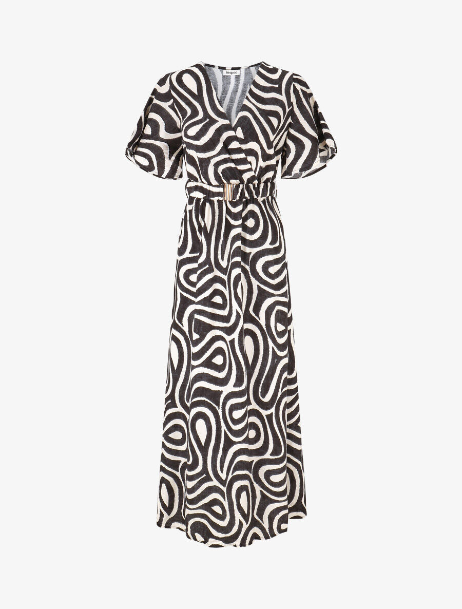 Robe longue col cache-coeur imprimé graphique - Noir - 1