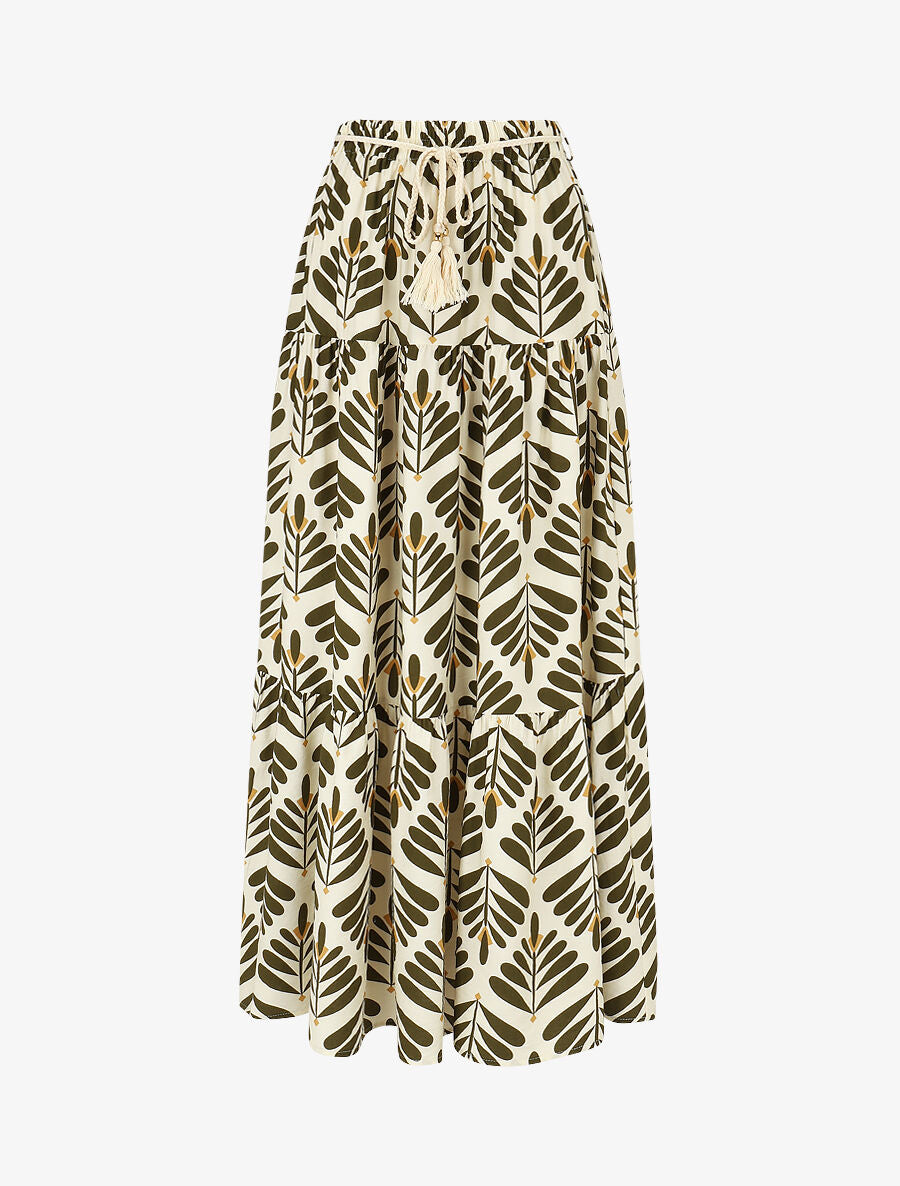 Jupe longue taille haute imprimé végétal - Kaki - 1