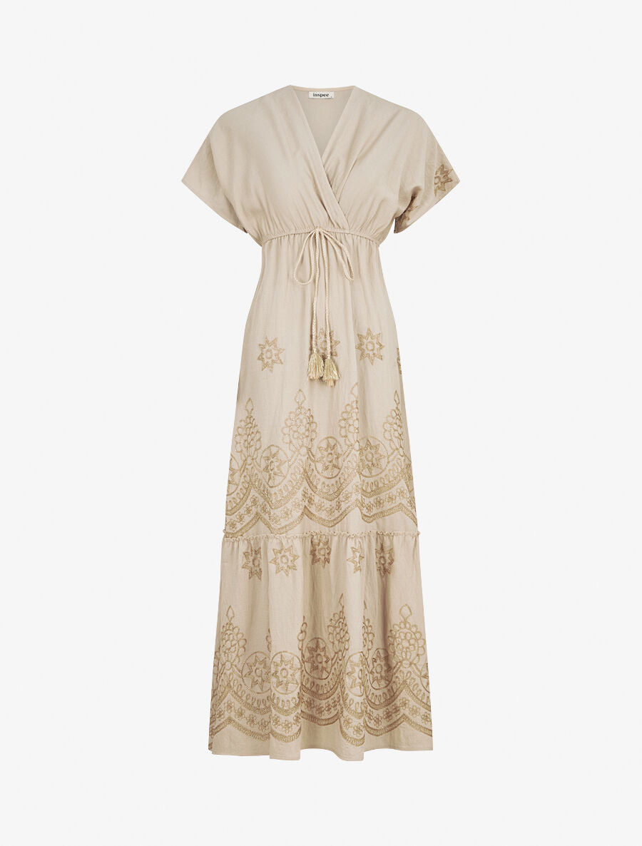 Robe longue empire à manches courtes et broderies - Beige - 1