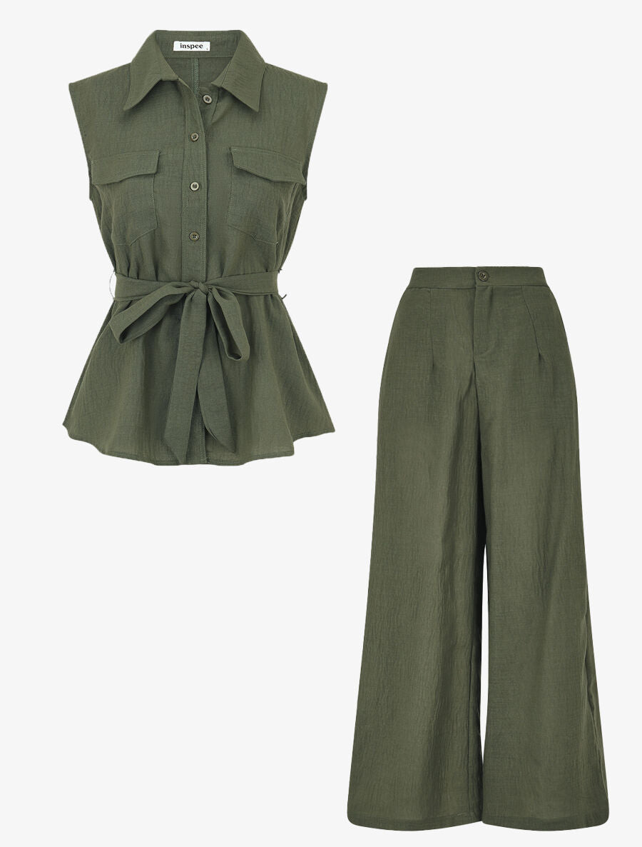 Ensemble top sans manches et pantalon - Kaki - 1