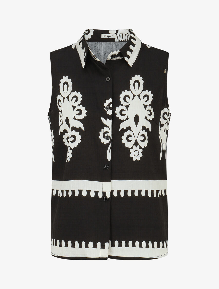 Ensemble top sans manches et pantalon imprimé ikat - Noir - 2