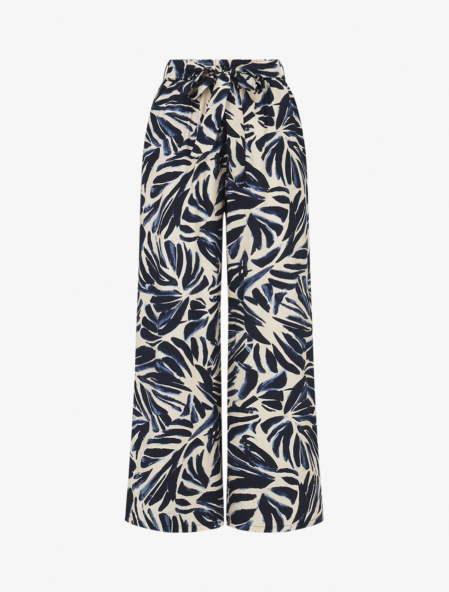 Pantalon imprimé abstrait à taille haute élastiquée - Marine - 1