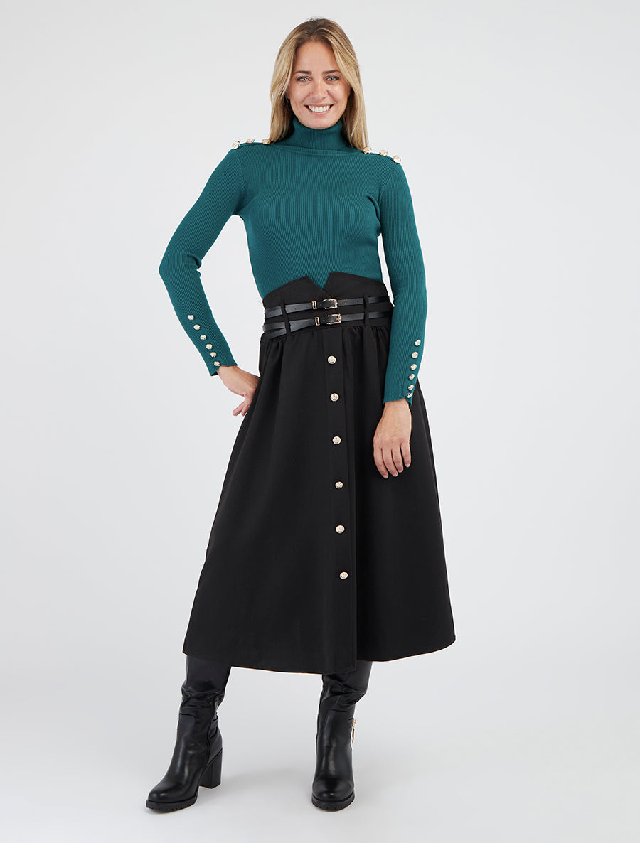 Maglione a coste con collo alto e bottoni - Verde bottiglia