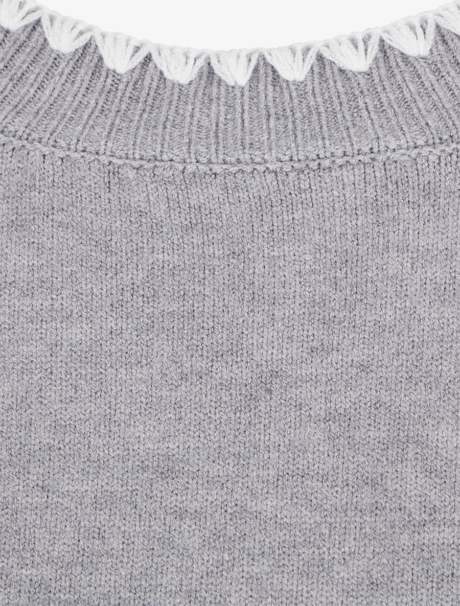 Pull droit à col rond brodé - Gris - 3