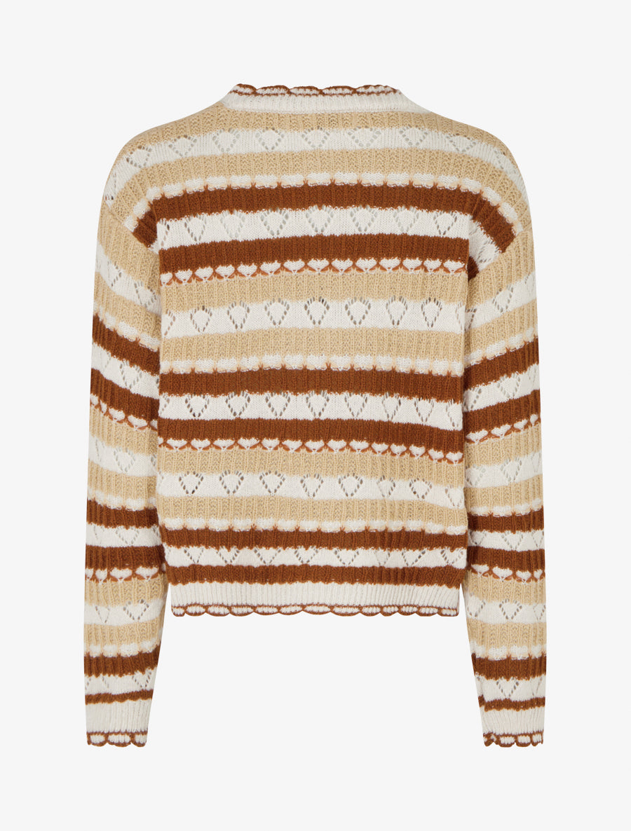 Gilet rayé en maille fantaisie à col V - Beige - 2