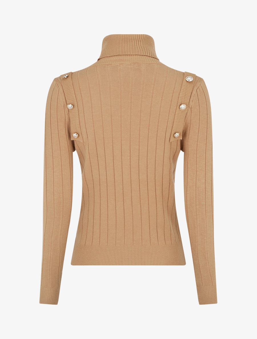 Pull fin à roulé et boutons décoratifs - Camel - 2