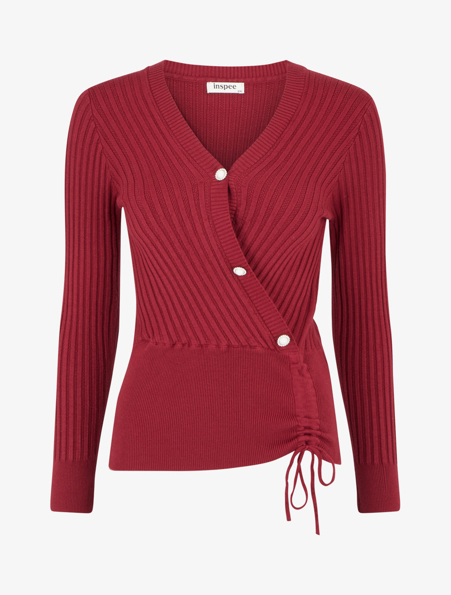 Pull à col V et boutons décoratifs strassés - Bordeaux - 1