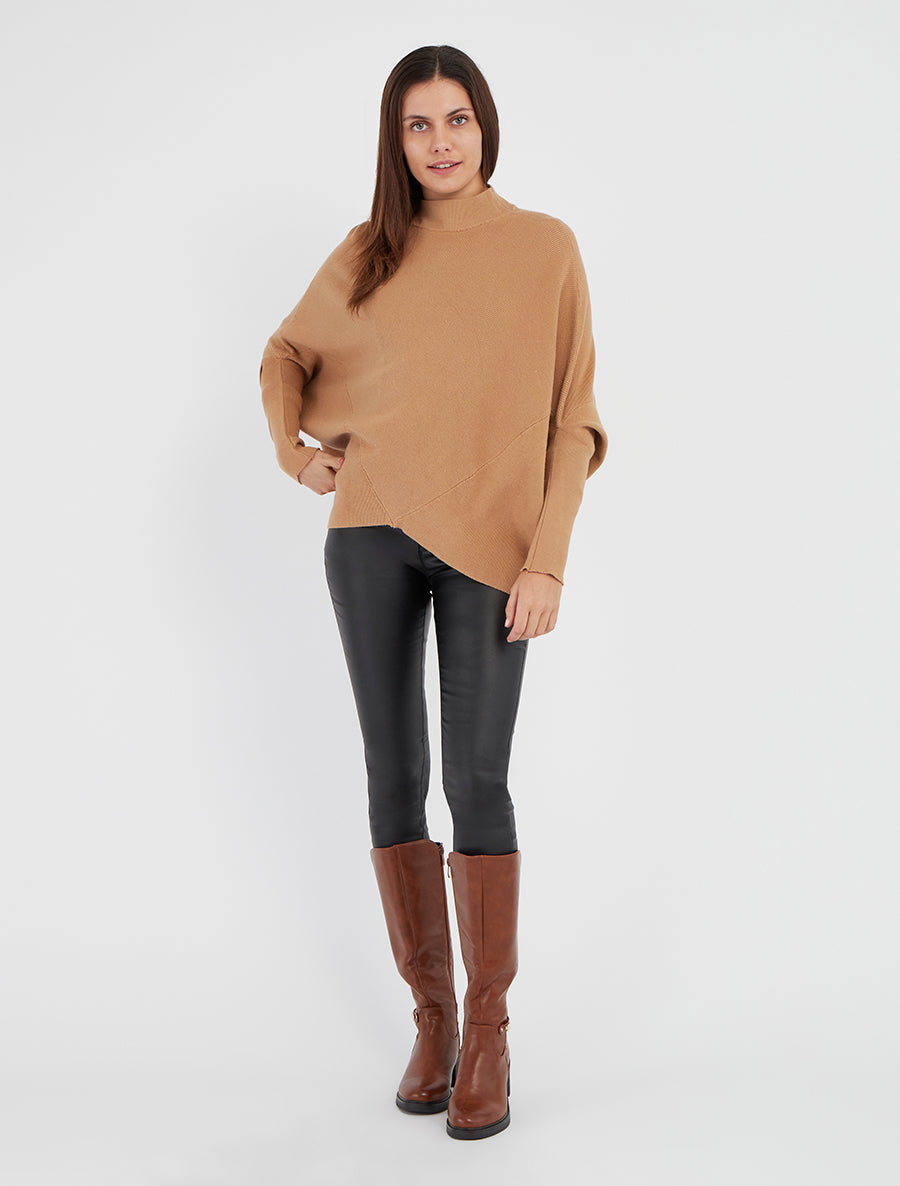 Poncho asymétrique à manches longues - Camel - 8