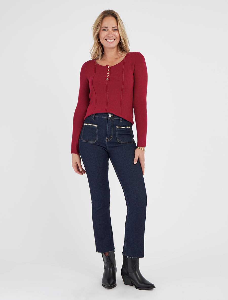 Maglione a coste con scollo rotondo abbottonato - Bordeaux