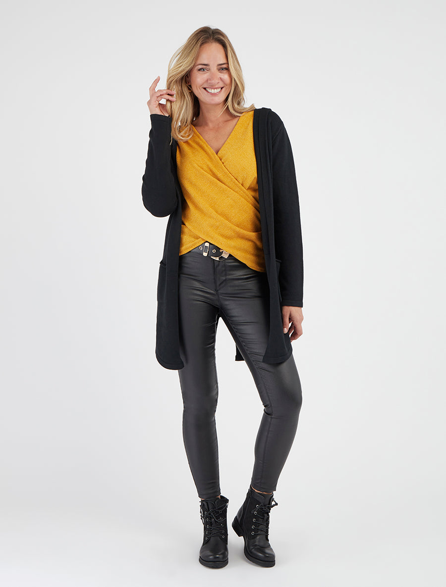 Gilet lungo tinta unita con lacci sul retro - Nero