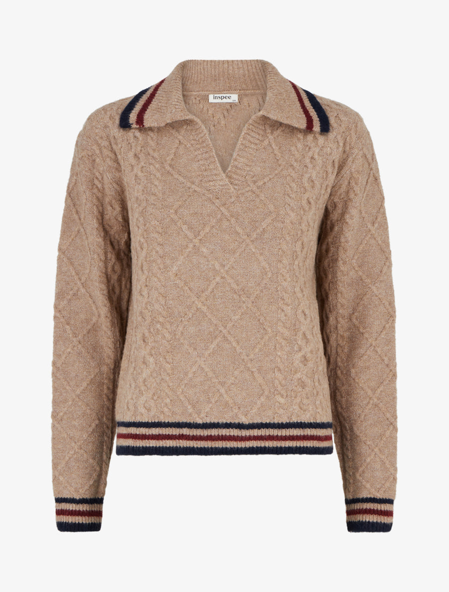 Pull texturé en maille à col V - Camel - 1