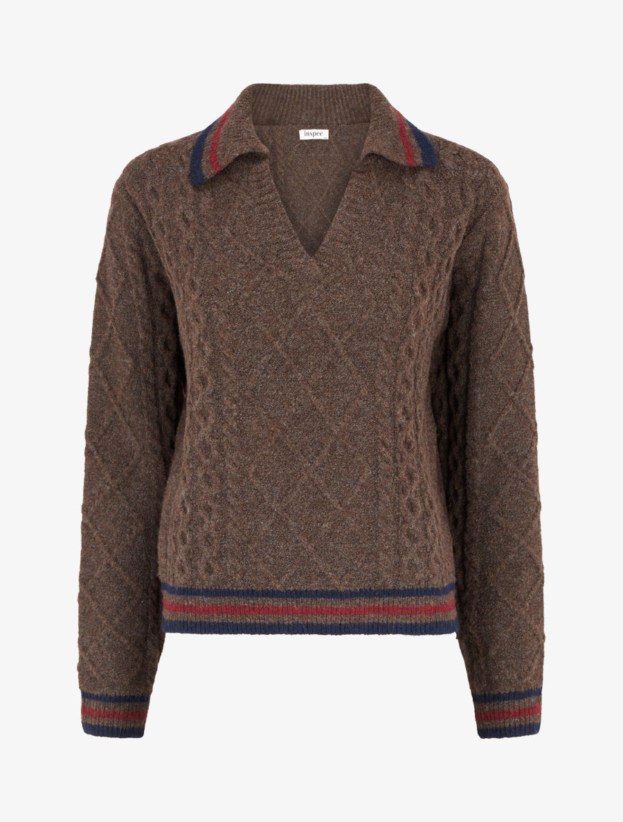 Pull texturé en maille à col V - Marron - 1