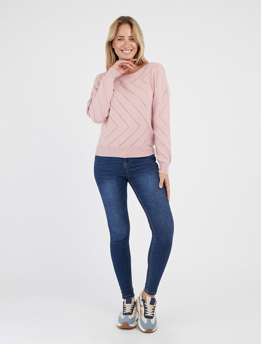 Maglia traforata a tinta unita con scollo rotondo - Rosa
