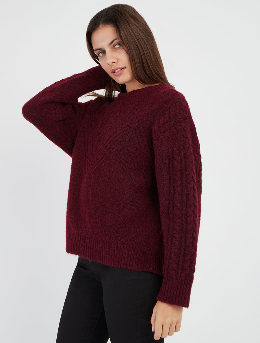 Maglia dritta con collo rotondo in maglia stilizzata - Bordeaux