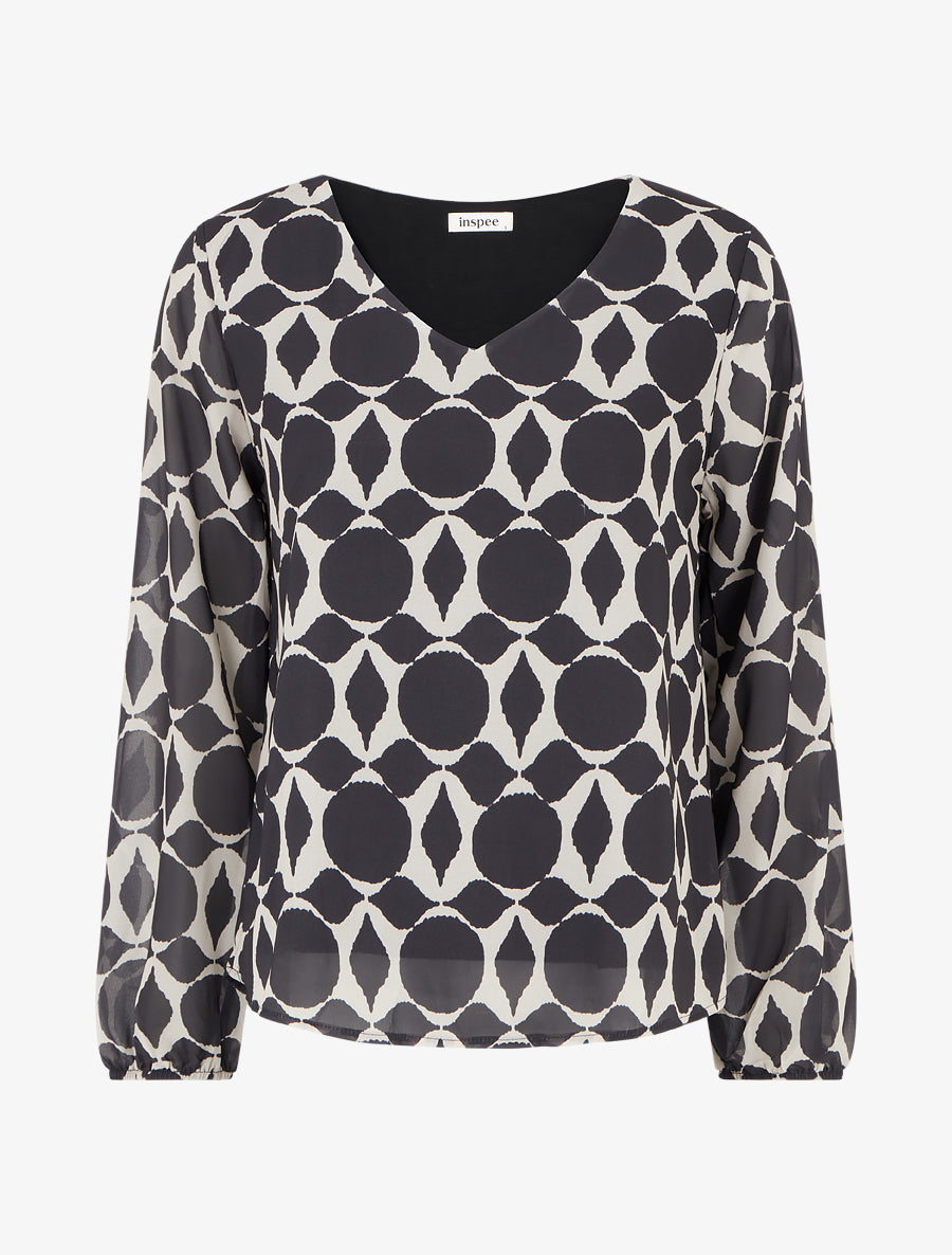 Blouse imprimé graphique à manches longues - Noir - 1