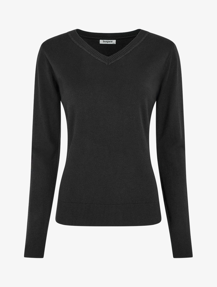 Pull fin uni à col V - Noir - 1