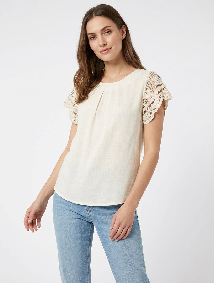 Top unito a maniche corte ricamate - Crema