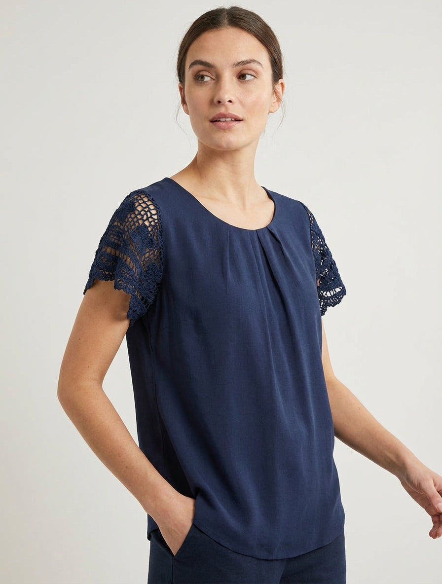 Top unito a maniche corte ricamate - Marina