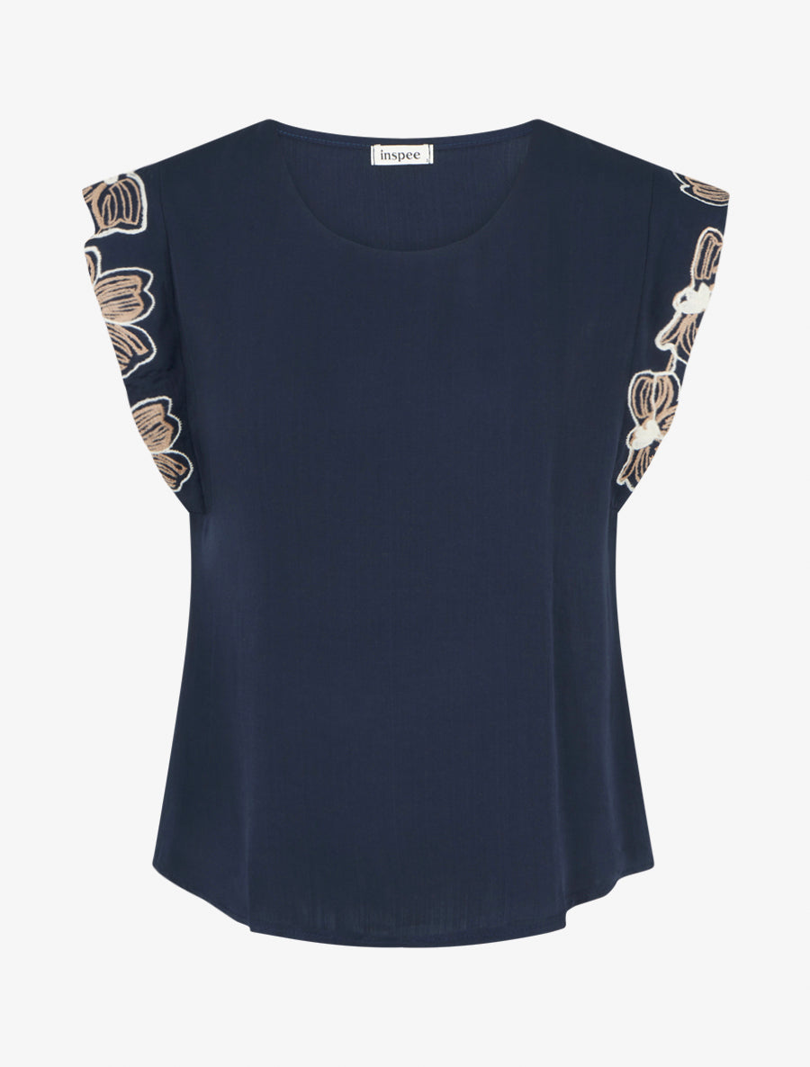 Top uni à mancherons brodés - Marine - 1