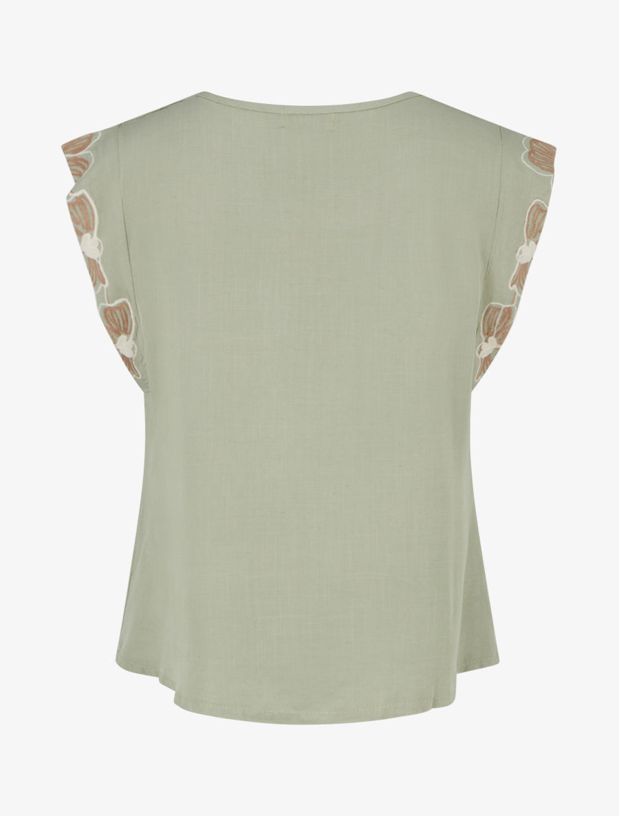 Top uni à mancherons brodés - Kaki - 2