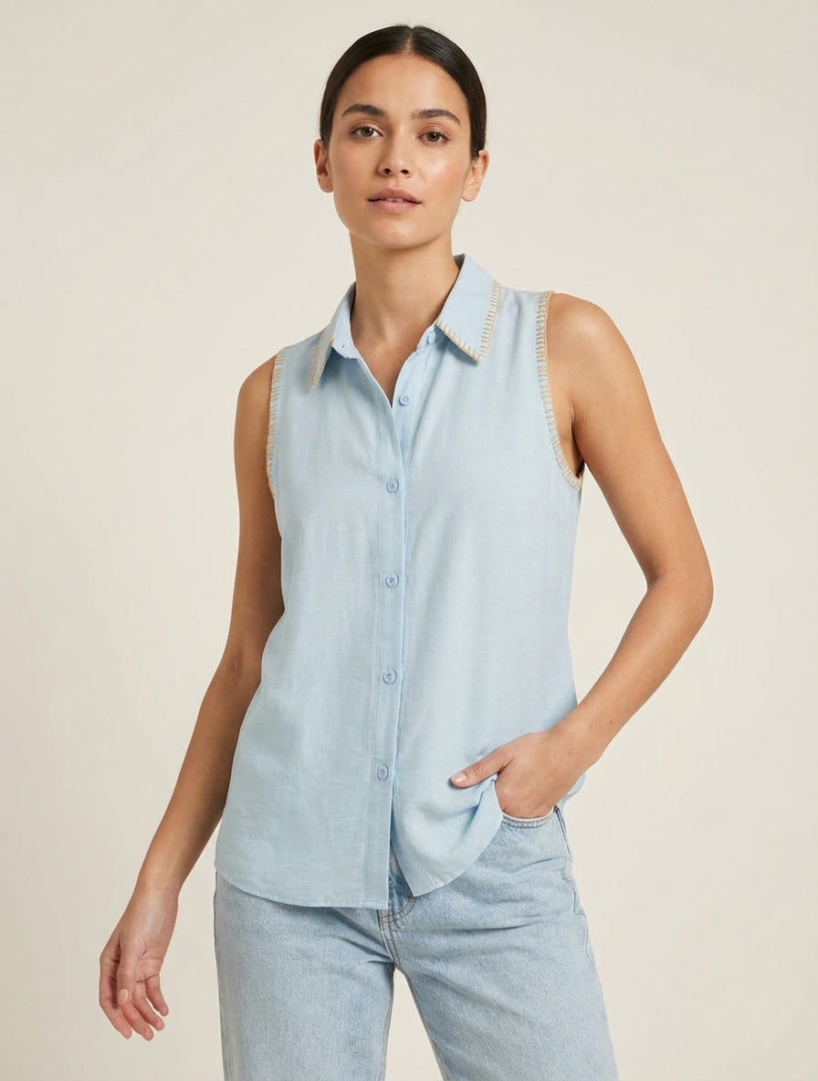 Blusa senza maniche a tinta unita con bottoni - Azzurro cielo