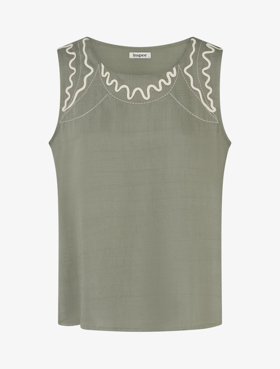 Top uni à détail broderies vagues - Kaki - 1