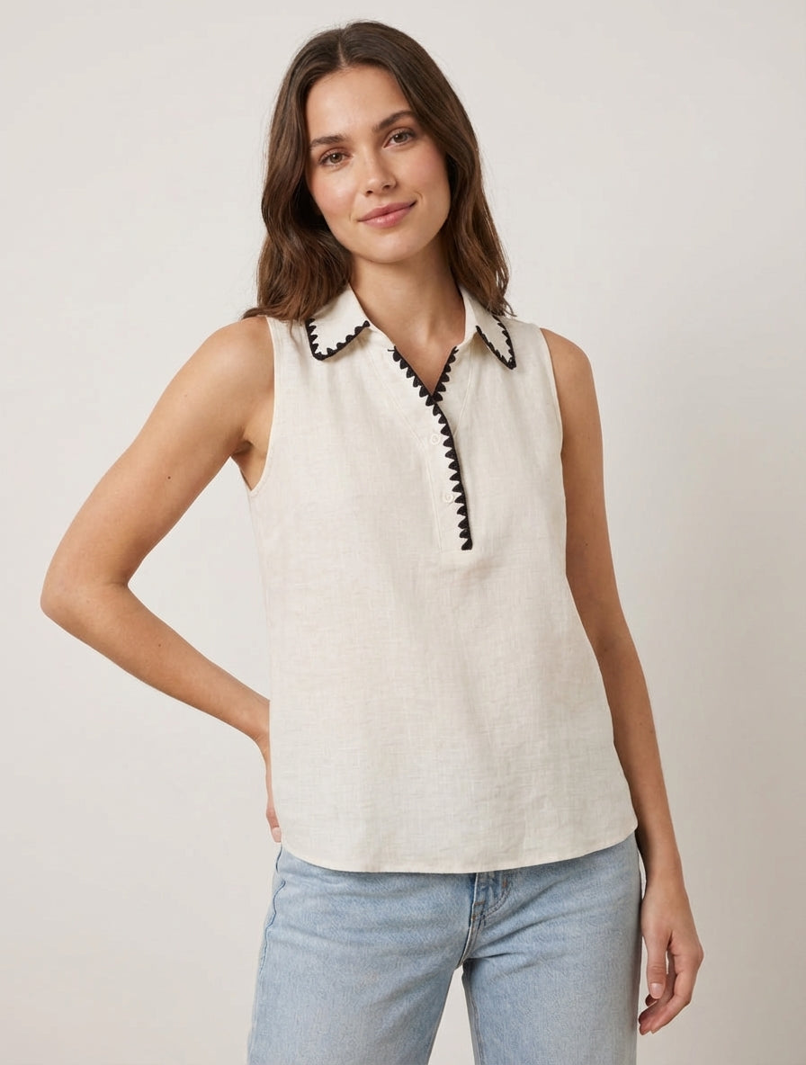 Blusa senza maniche con colletto ricamato - Ecrù