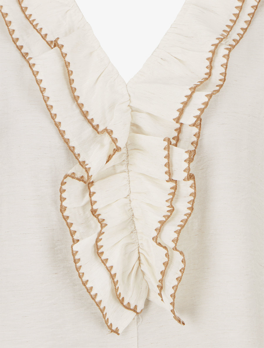 Top sans manches à col V volanté - Écru - 3