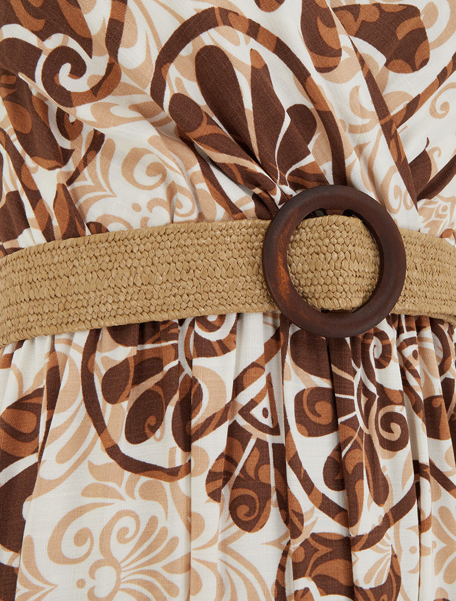 Robe longue évasée imprimé arabesques stylisés - Marron - 3