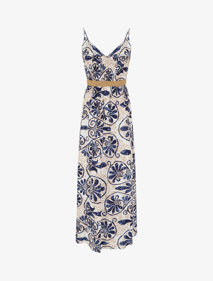 Robe longue évasée imprimé arabesques stylisés - Marine - 2