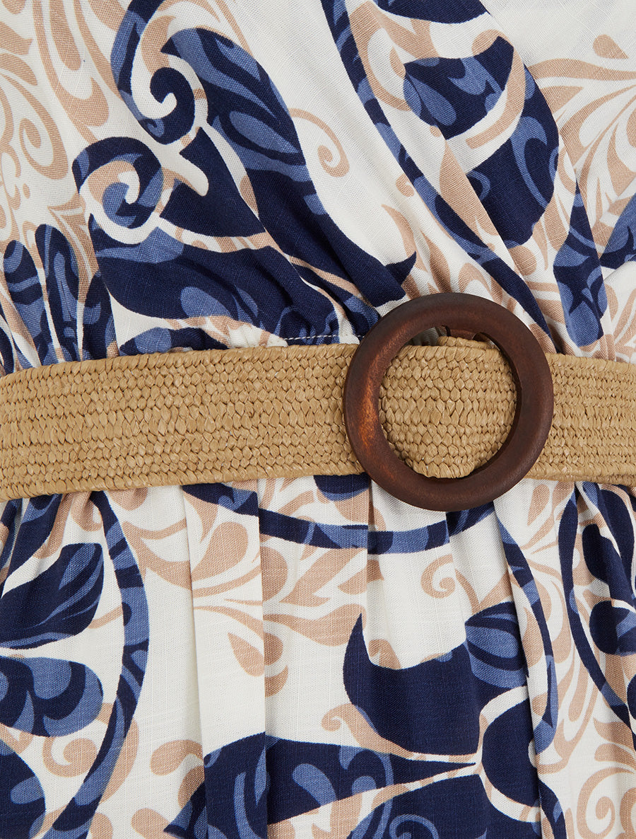 Robe longue évasée imprimé arabesques stylisés - Marine - 3