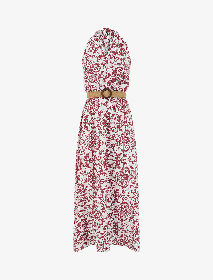 Robe longue dos nu à imprimé arabesque - Bordeaux - 1