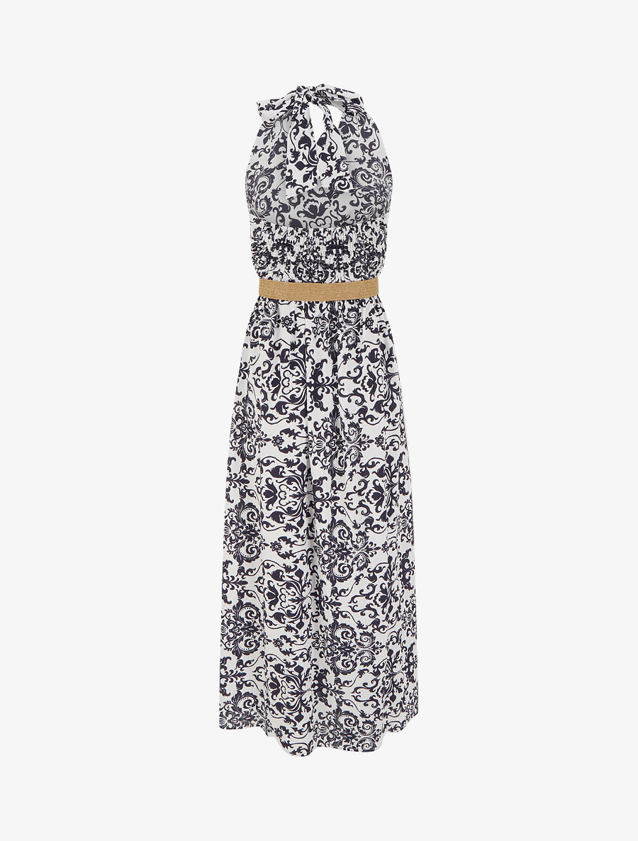 Robe longue dos nu à imprimé arabesque - Marine - 2