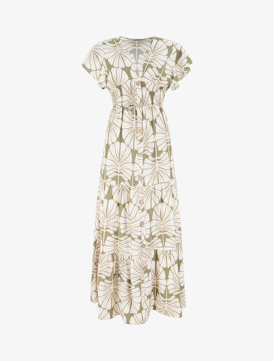 Robe longue manches courtes imprimé grandes feuilles - Kaki - 1