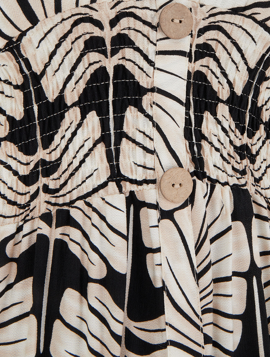 Robe longue manches courtes imprimé grandes feuilles - Noir - 3