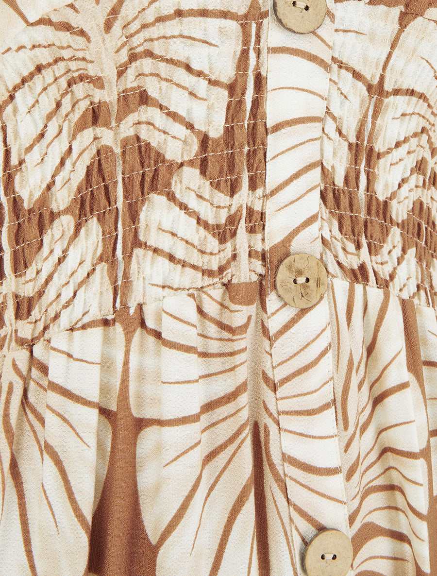 Robe longue manches courtes imprimé grandes feuilles - Camel - 3