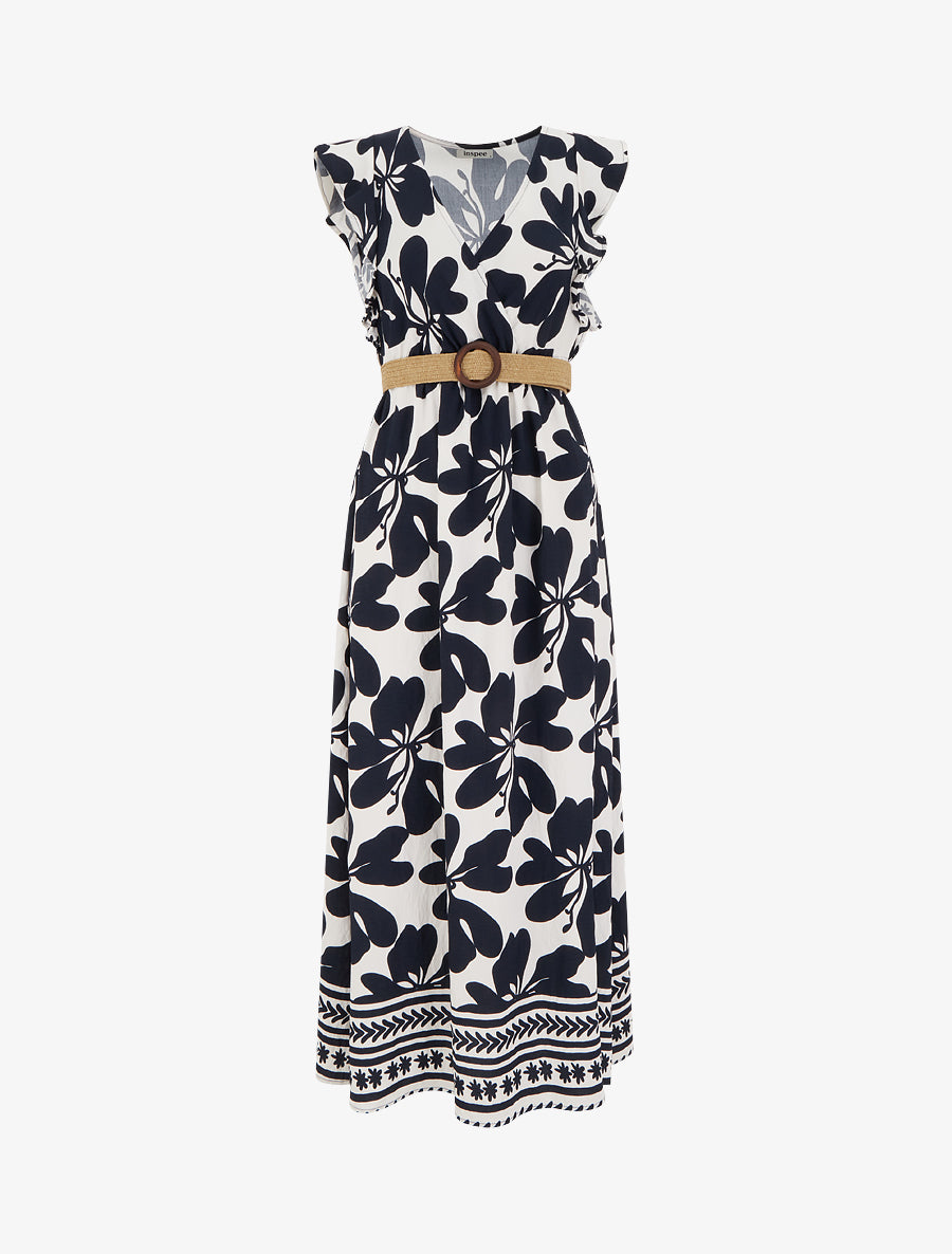 Robe longue imprimé grandes fleurs à col cache-coeur - Marine - 1