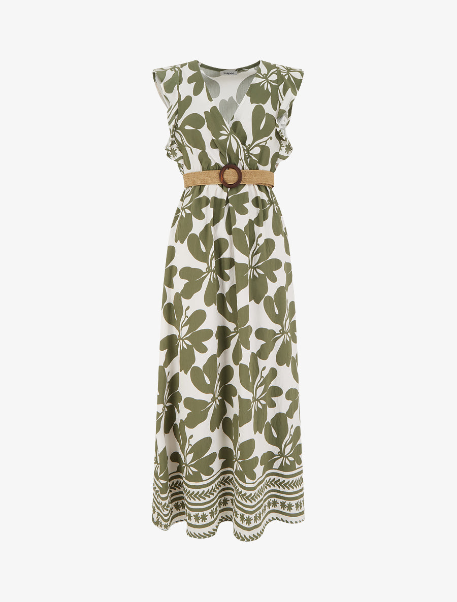 Robe longue imprimé grandes fleurs à col cache-coeur - Kaki - 1