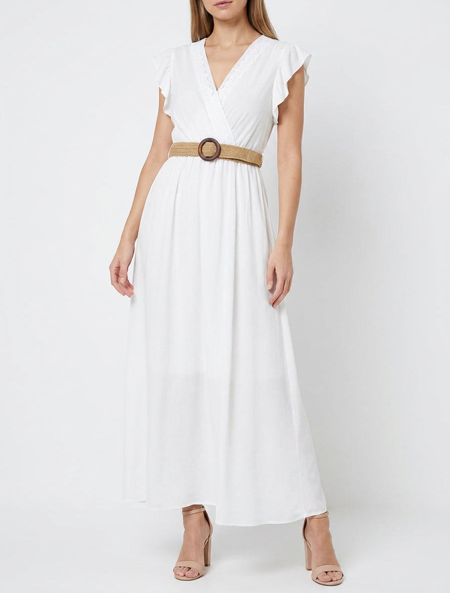 Abito lungo tinta unita con scollo a incrocio - Bianco