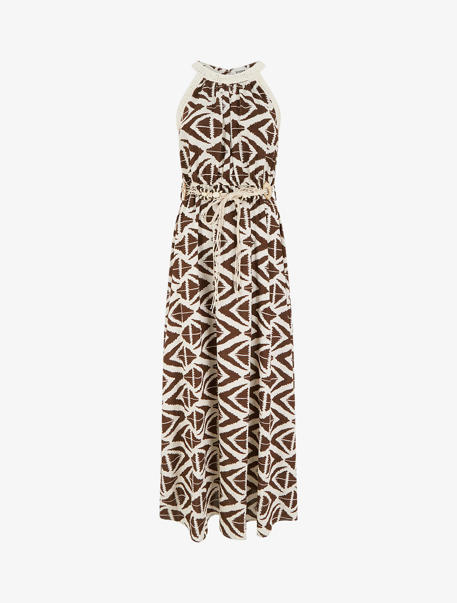 Robe longue à col américain imprimé graphique - Marron - 1