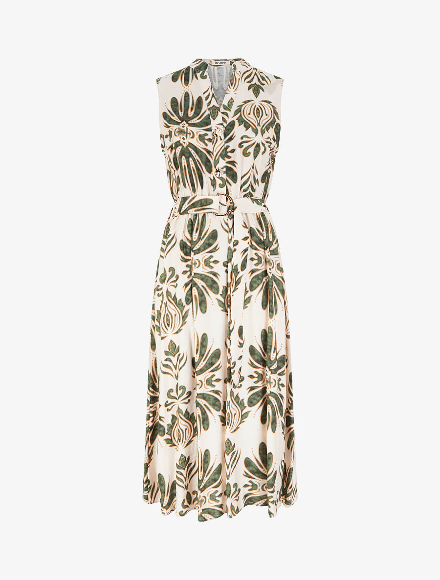 Robe longue imprimé ikat à boutons décoratifs - Vert - 1