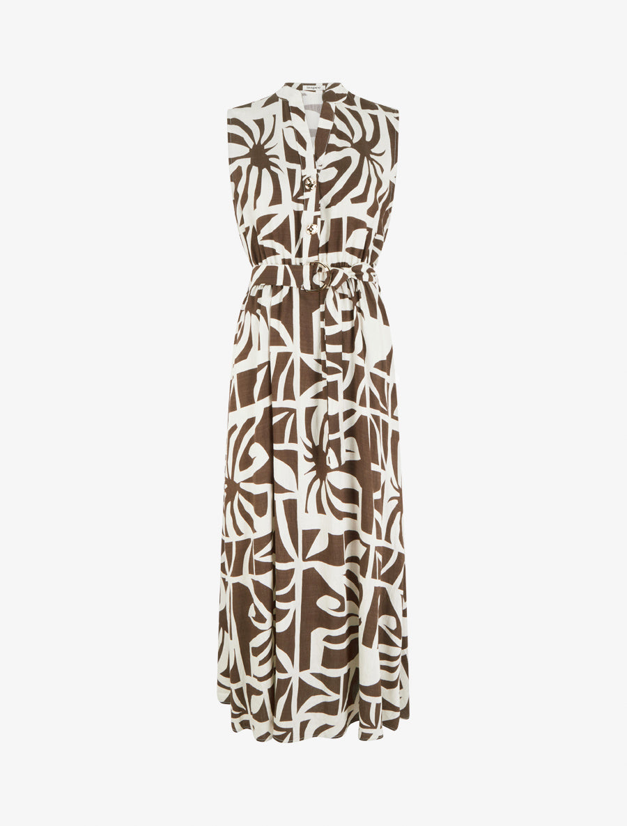 Robe longue imprimé stylisé à boutons décoratifs - Marron - 1