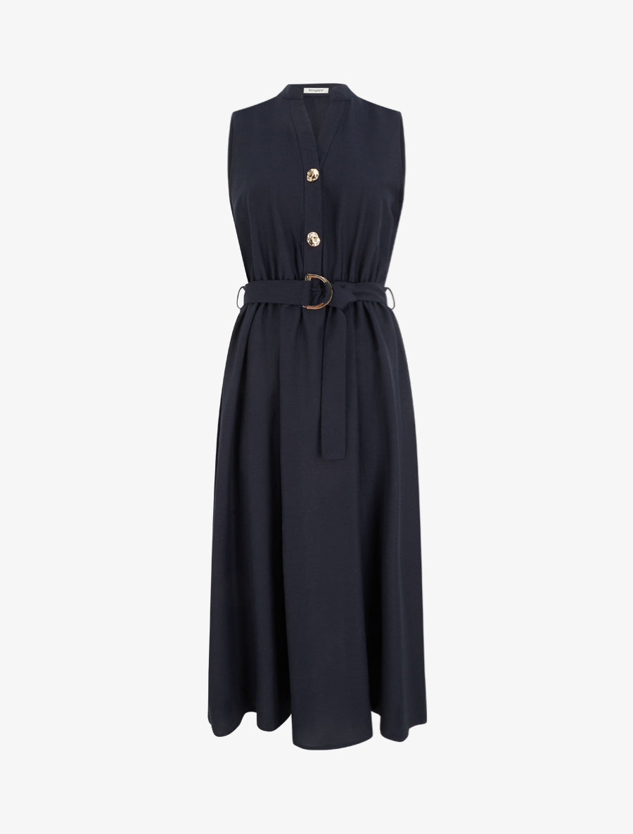 Robe longue unie effet lin - Marine - 1