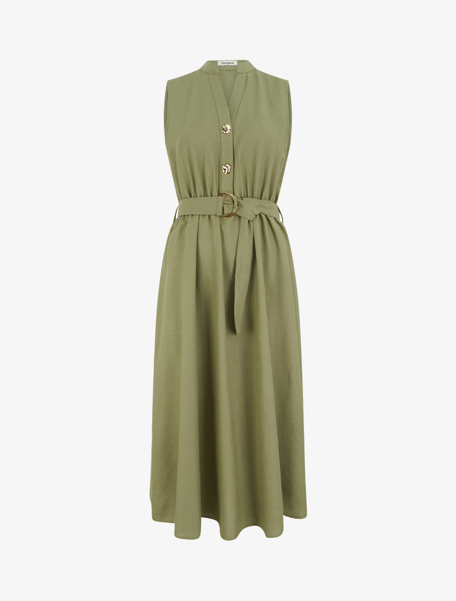 Robe longue unie effet lin - Kaki - 1