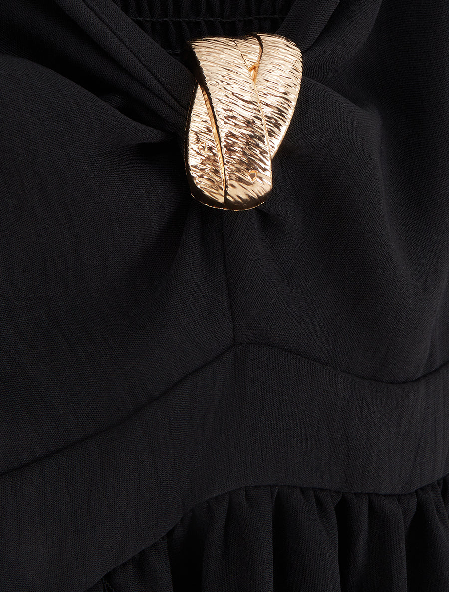 Robe longue unie à col V bijou - Noir - 3