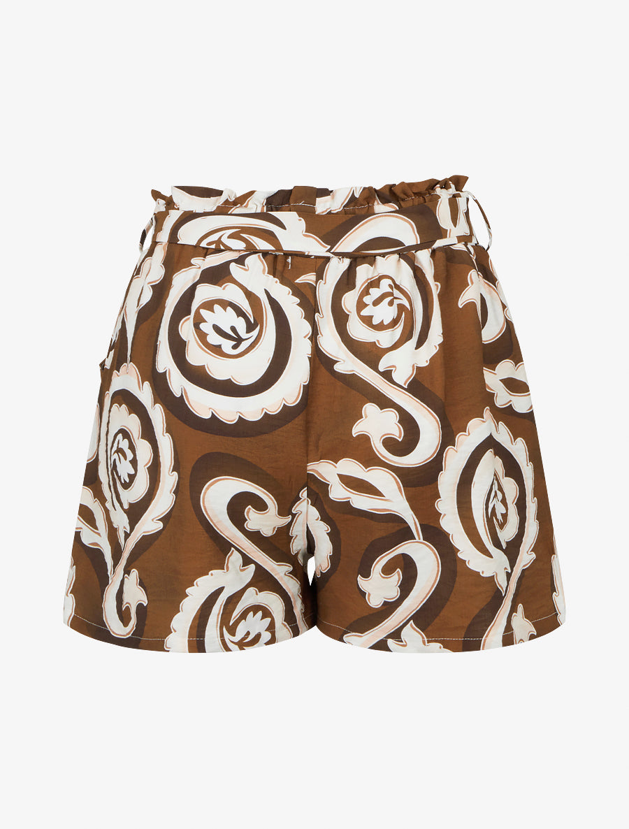 Short droit élastiqué imprimé arabesque - Marron - 2