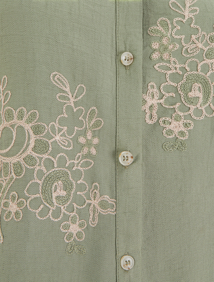 Blouse manches courtes à broderies fleuries - Kaki - 3