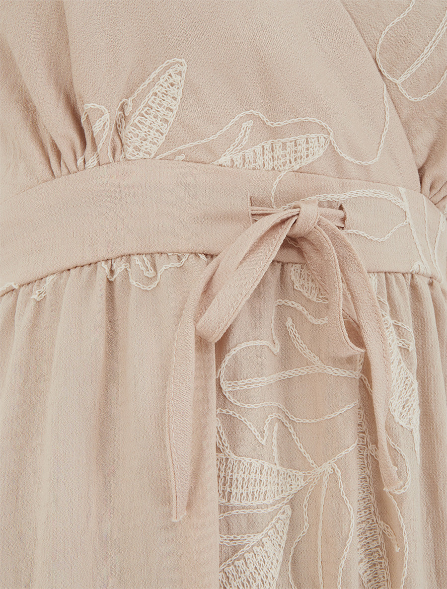 Robe longue empire à broderies feuilles stylisées - Beige - 3