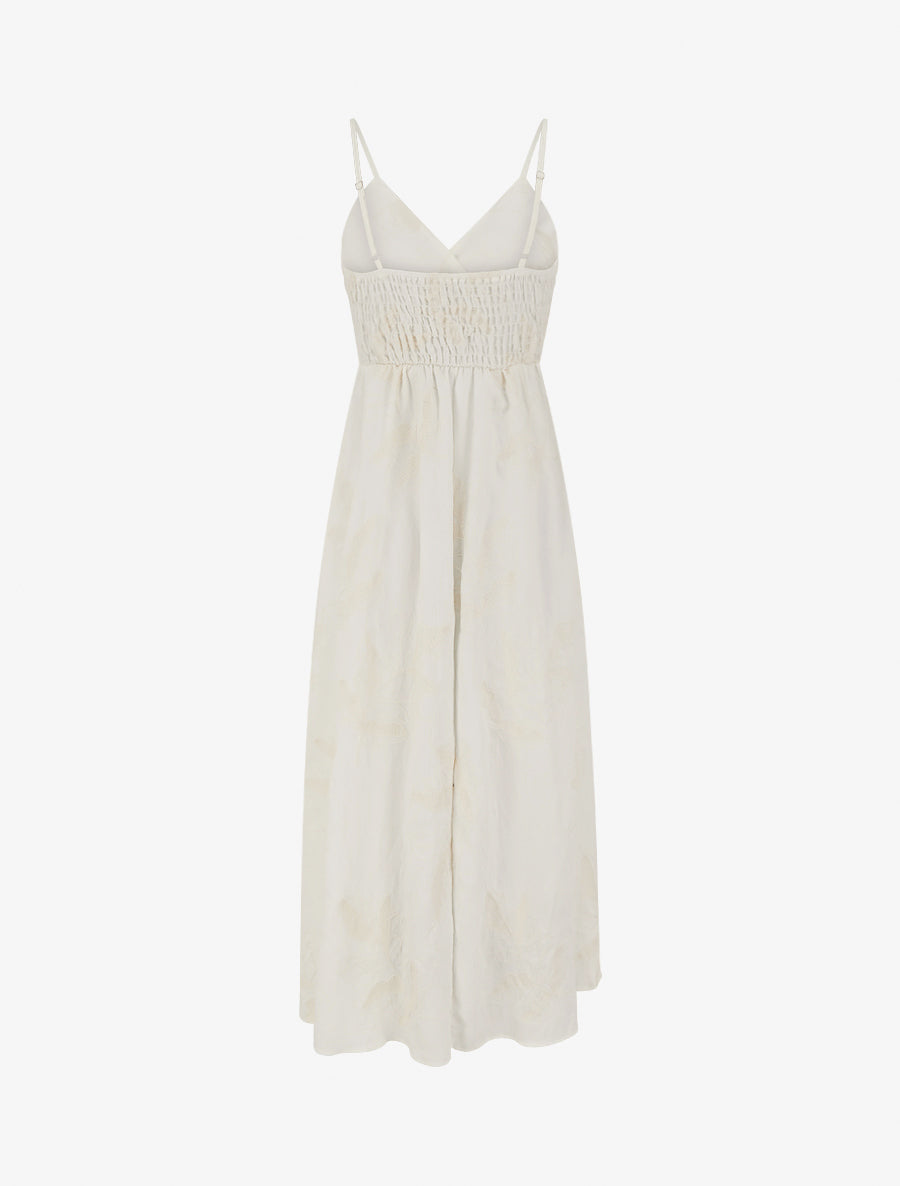 Robe longue empire à broderies feuilles stylisées - Blanc - 2