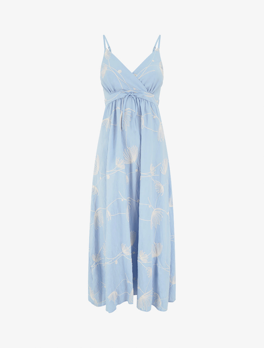 Robe longue empire à broderies végétales - Bleu ciel - 1